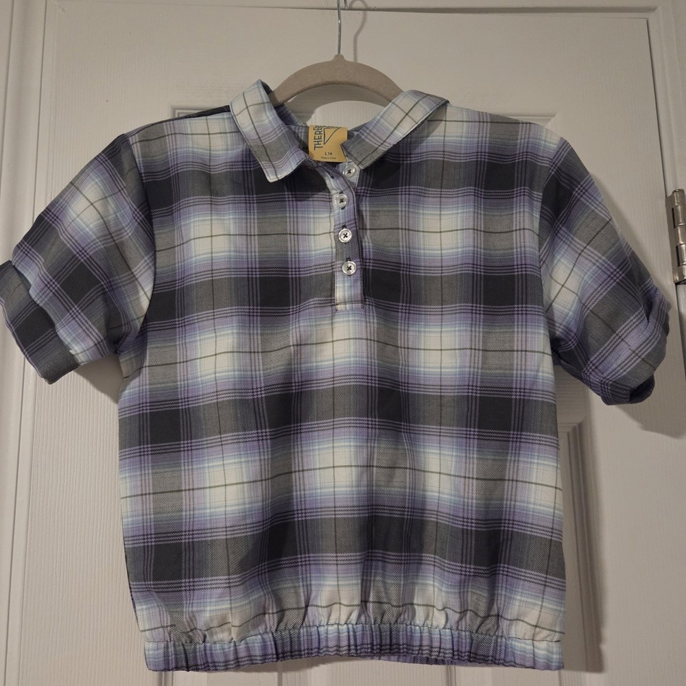 Thereabouts Girls Plaid Polo Shirt Short Sleeve Purple Black Cropped Blouse L 14